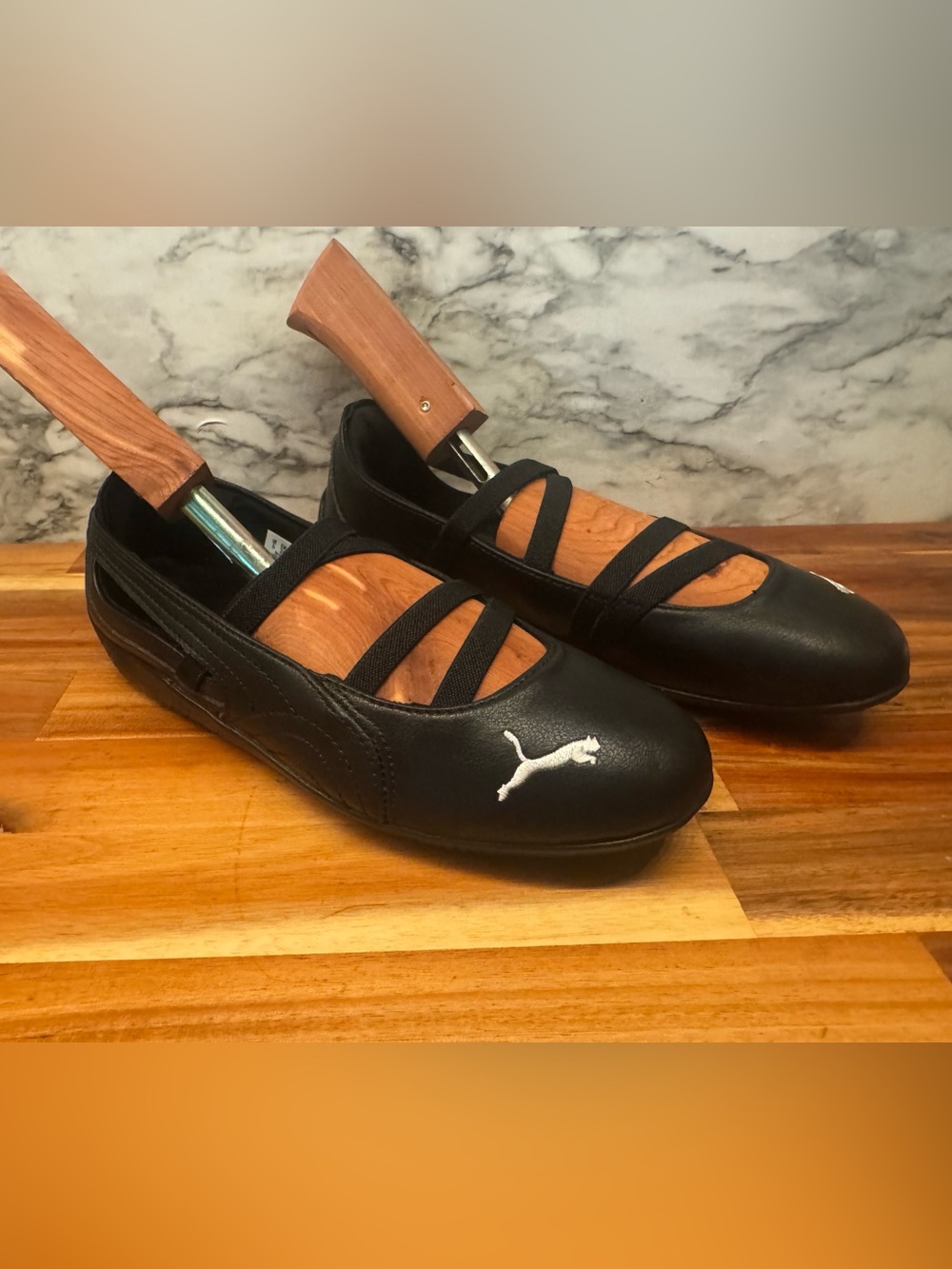 Puma Black Womens' Elastic Strap Ballet Flats with White Logo